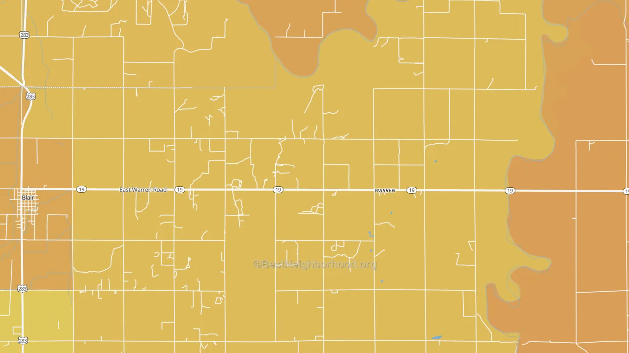 Map of the best neighborhoods in the Warren area, with better matches in green and worse matches in red