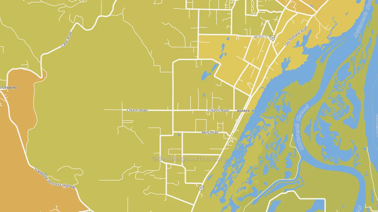 Map of the best neighborhoods in the Warren area, with better matches in green and worse matches in red