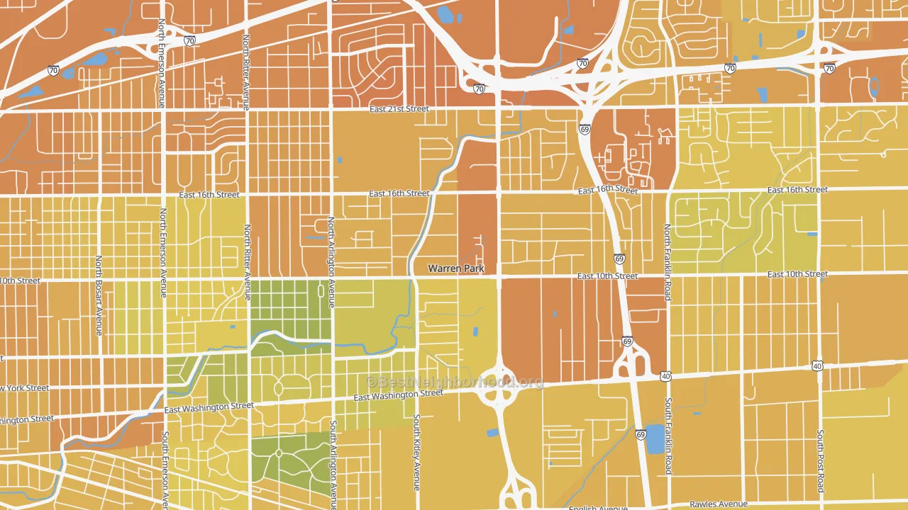 Map of the best neighborhoods in the Warren Park area, with better matches in green and worse matches in red