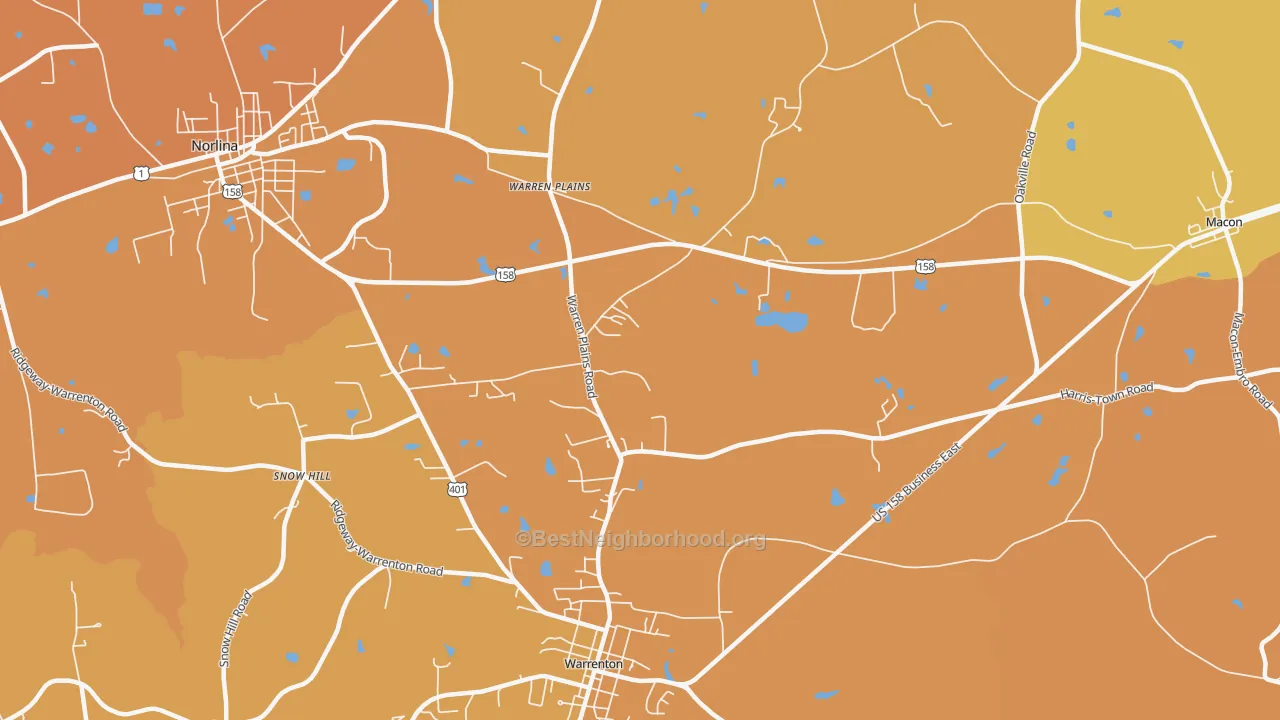 Map of the best neighborhoods in the Warren Plains area, with better matches in green and worse matches in red