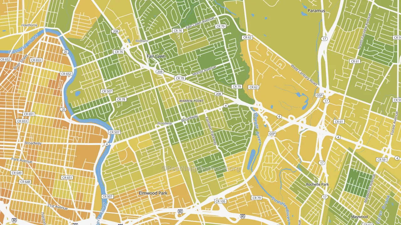 Map of the best neighborhoods in the Warren Point, Fair Lawn area, with better matches in green and worse matches in red