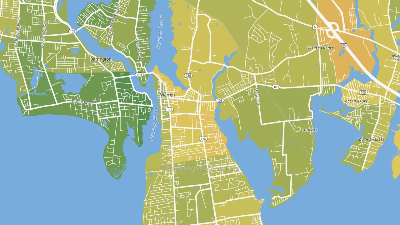 Map of the best neighborhoods in the Warren area, with better matches in green and worse matches in red