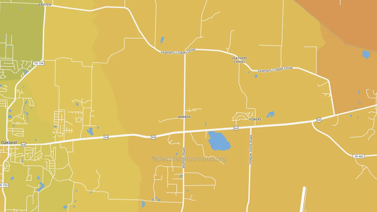 Map of the best neighborhoods in the Warren area, with better matches in green and worse matches in red