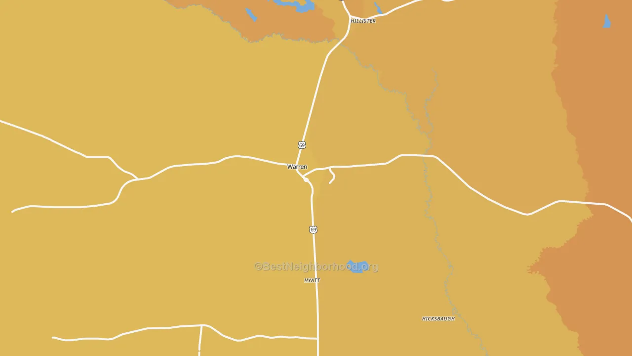 Map of the best neighborhoods in the Warren area, with better matches in green and worse matches in red