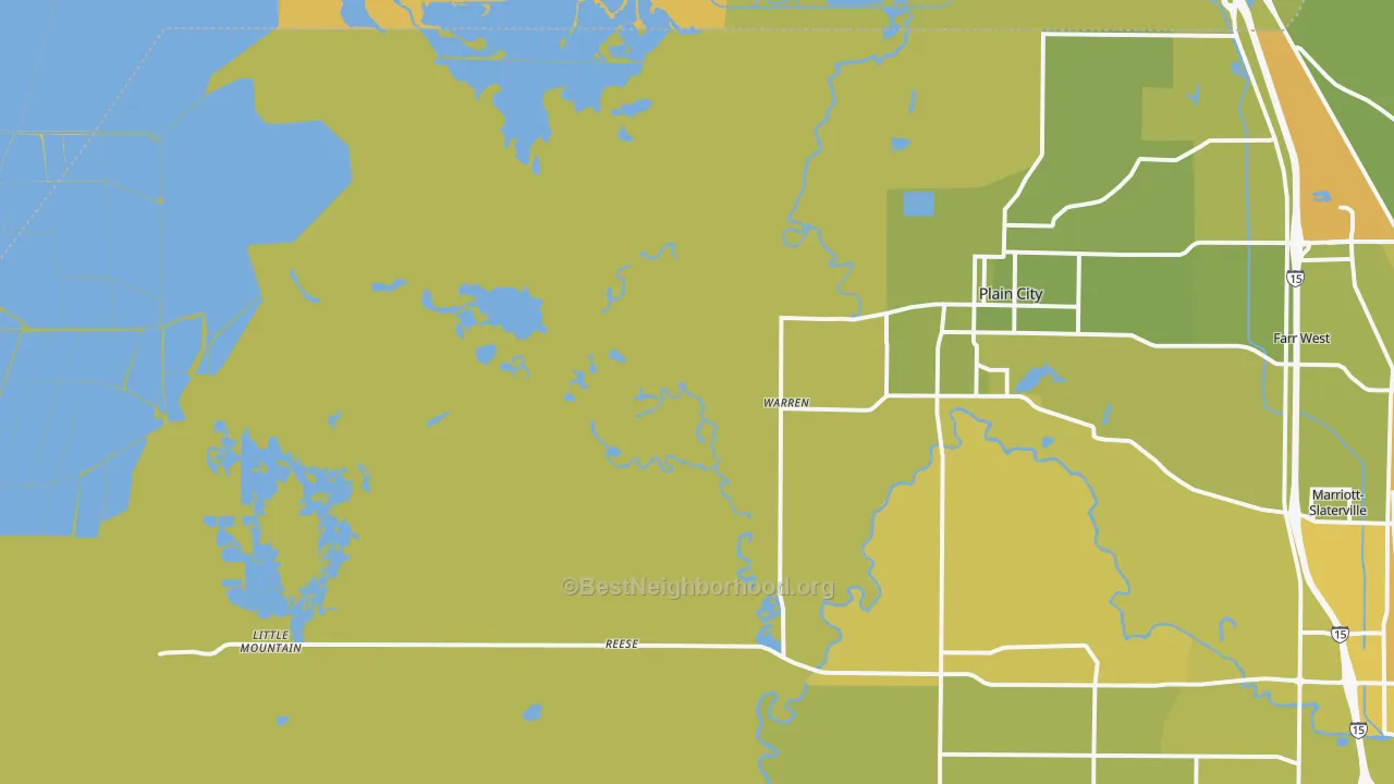 Map of the best neighborhoods in the Warren area, with better matches in green and worse matches in red