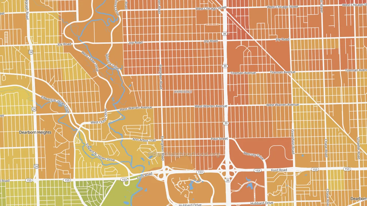 Map of the best neighborhoods in the Warrendale, Detroit area, with better matches in green and worse matches in red
