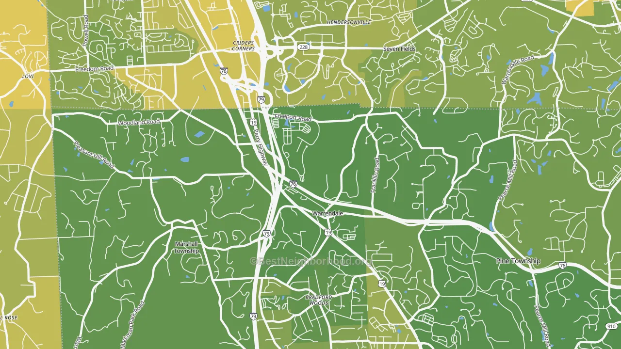 Map of the best neighborhoods in the Warrendale area, with better matches in green and worse matches in red