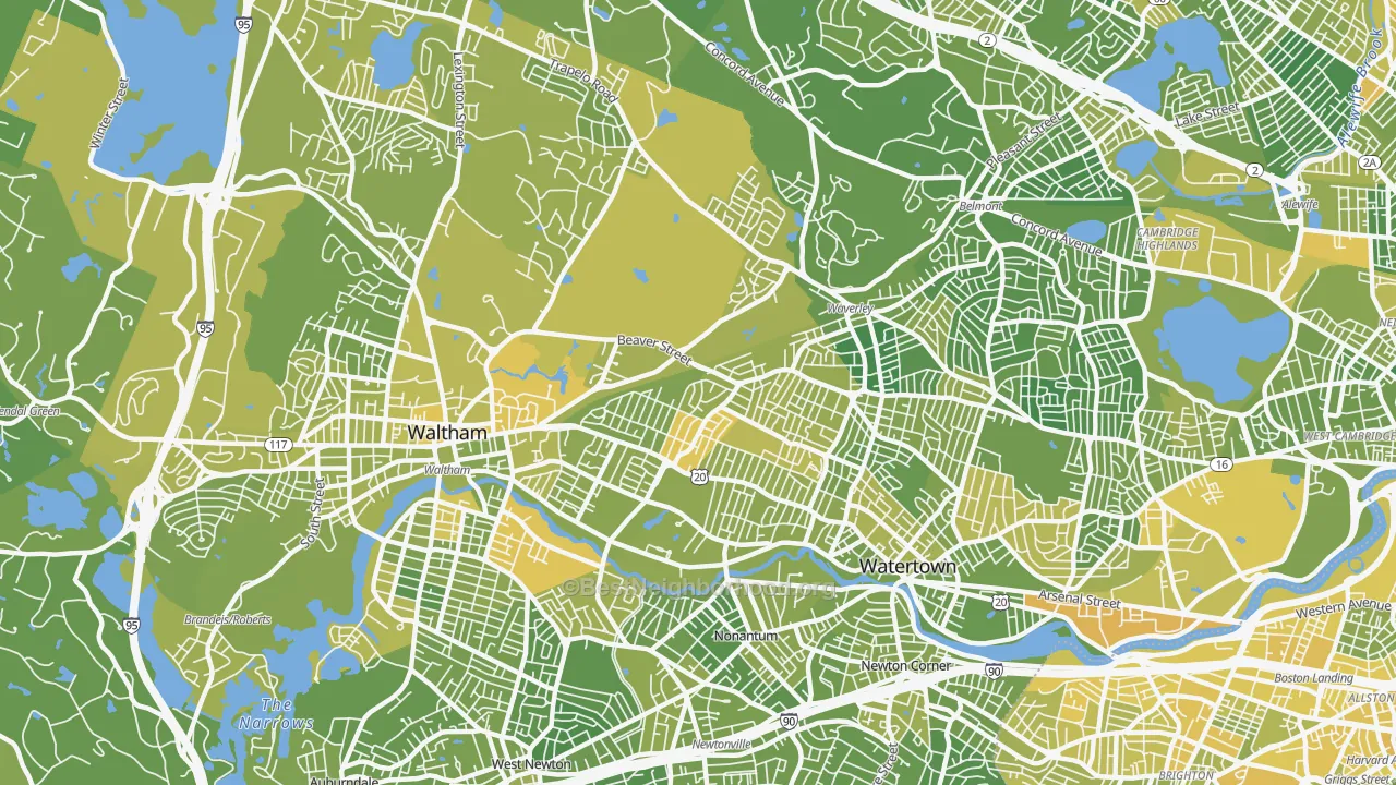 Map of the best neighborhoods in the Warrendale, Waltham area, with better matches in green and worse matches in red
