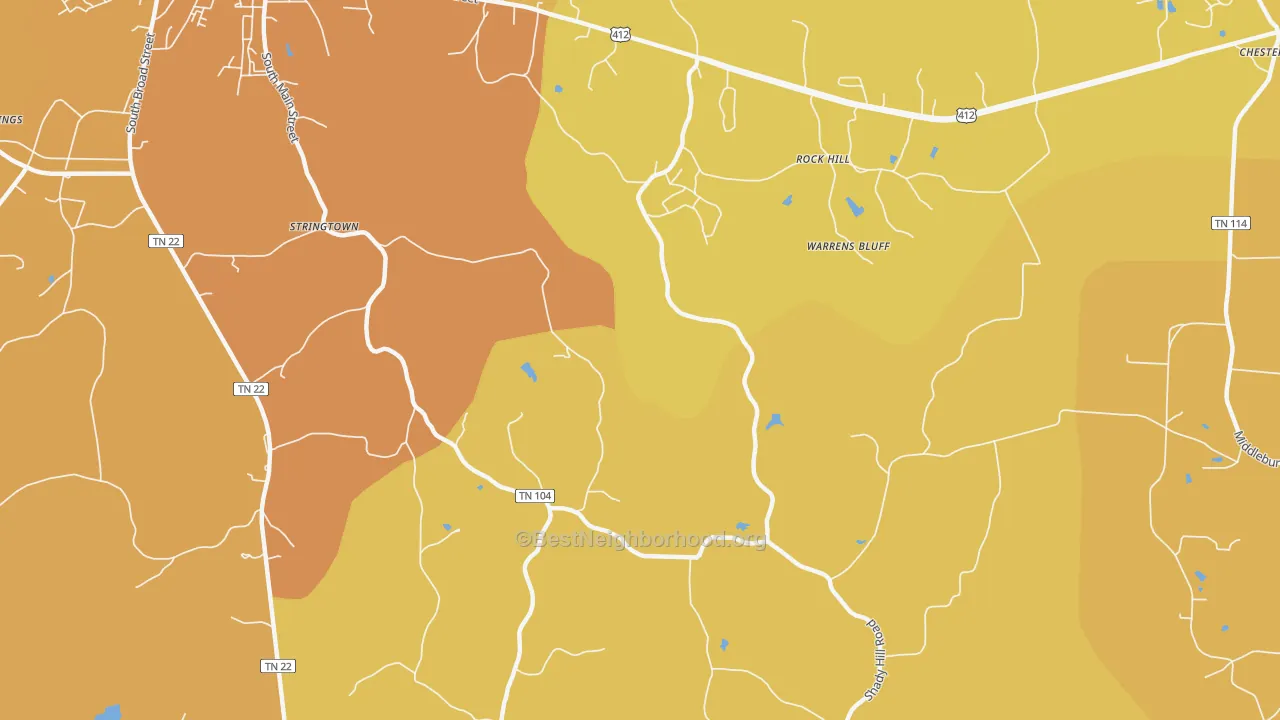 Map of the best neighborhoods in the Warrens Bluff area, with better matches in green and worse matches in red