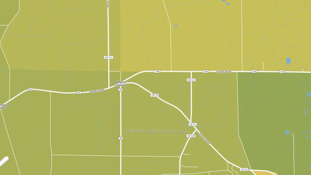 Map of the best neighborhoods in the Warrens Corners area, with better matches in green and worse matches in red