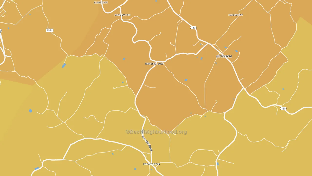 Map of the best neighborhoods in the Warrens Mill area, with better matches in green and worse matches in red