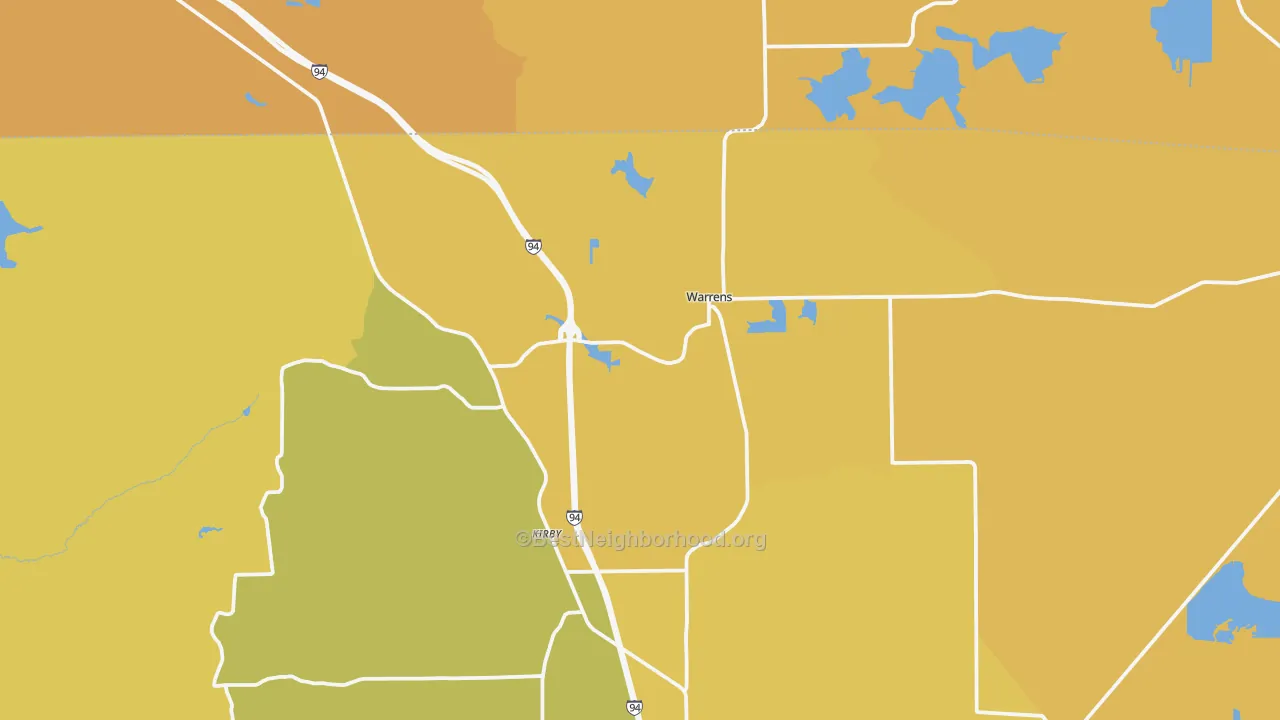 Map of the best neighborhoods in the Warrens area, with better matches in green and worse matches in red