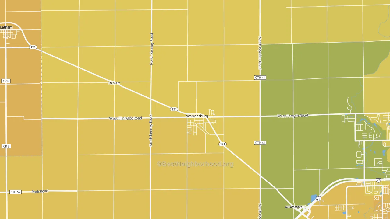 Map of the best neighborhoods in the Warrensburg area, with better matches in green and worse matches in red