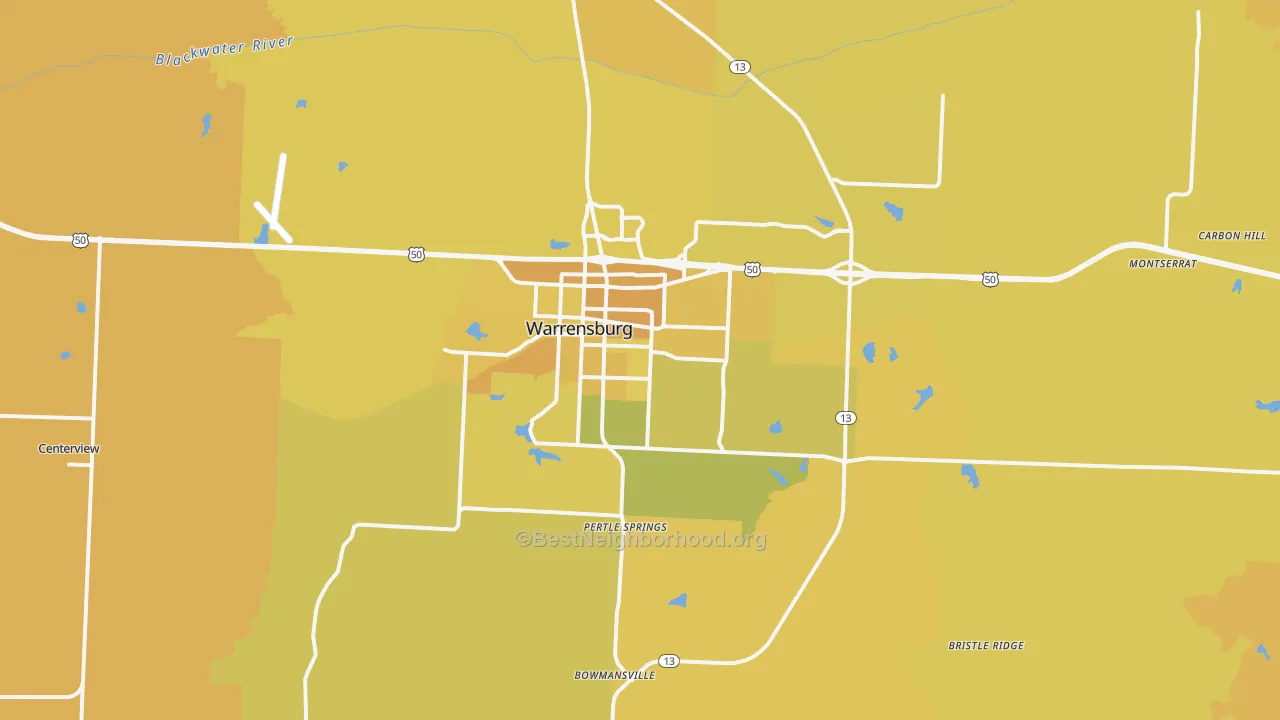 Map of the best neighborhoods in the Warrensburg area, with better matches in green and worse matches in red