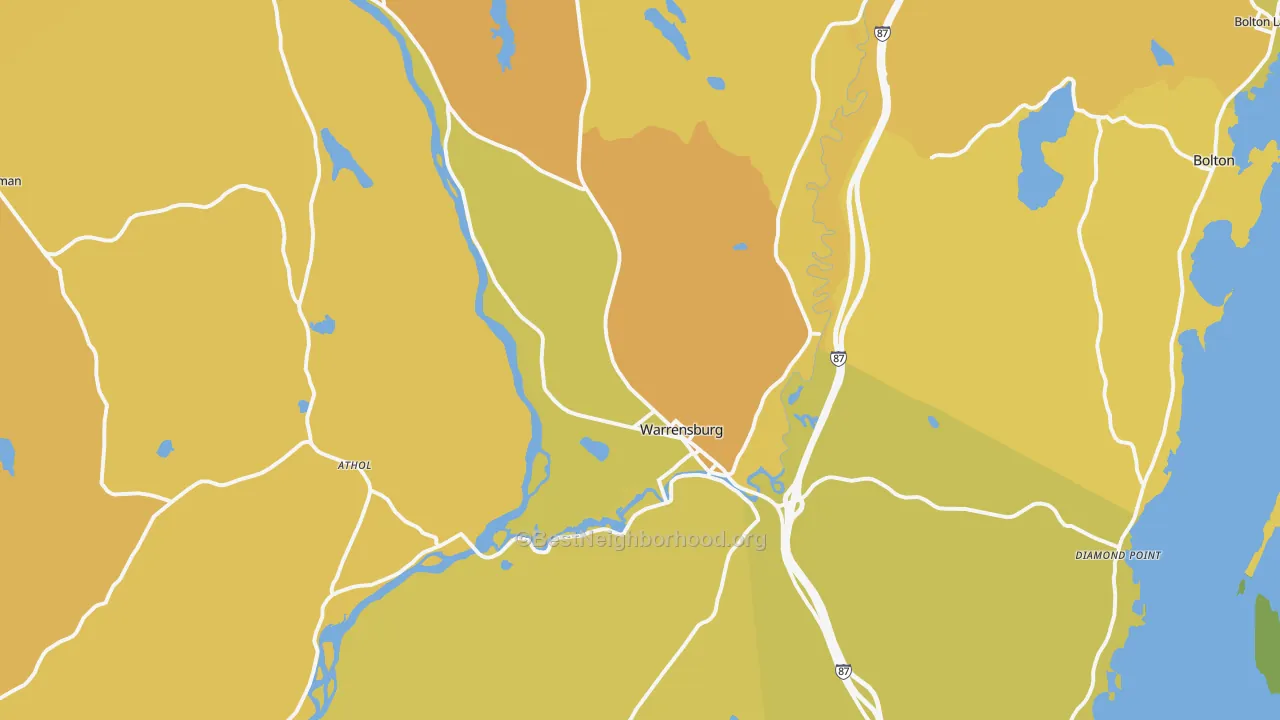 Map of the best neighborhoods in the Warrensburg area, with better matches in green and worse matches in red
