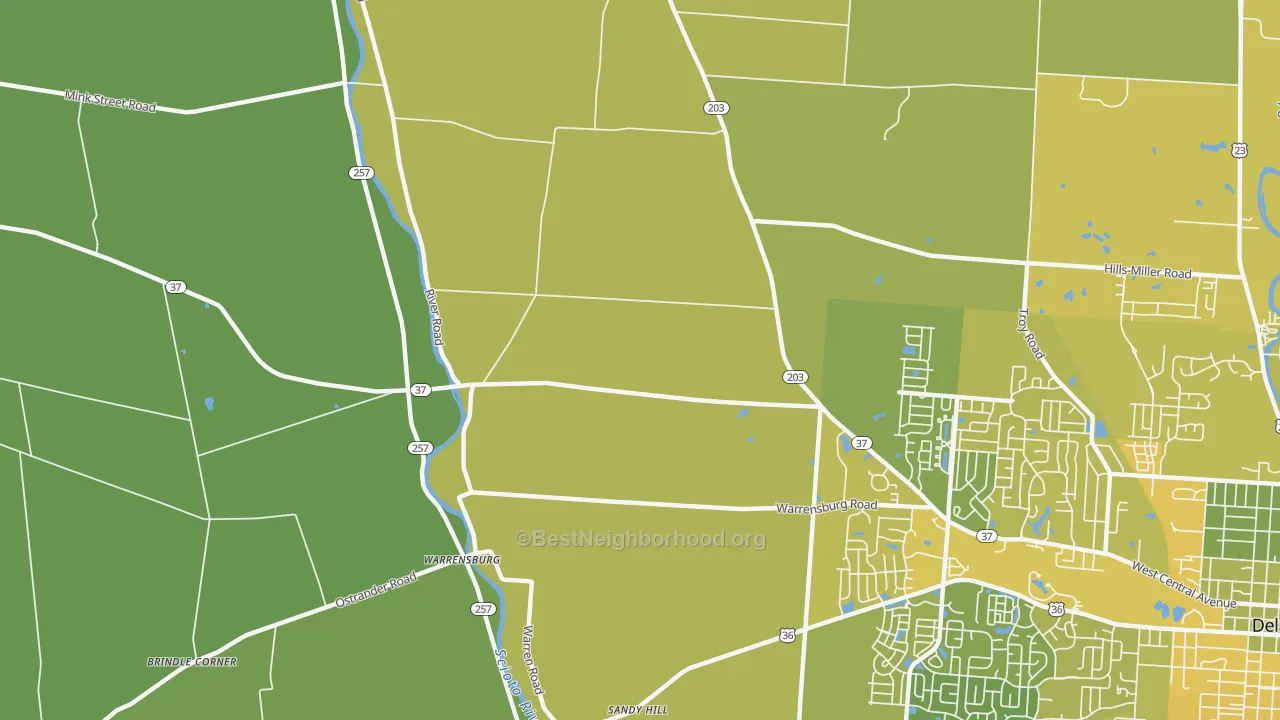 Map of the best neighborhoods in the Warrensburg area, with better matches in green and worse matches in red