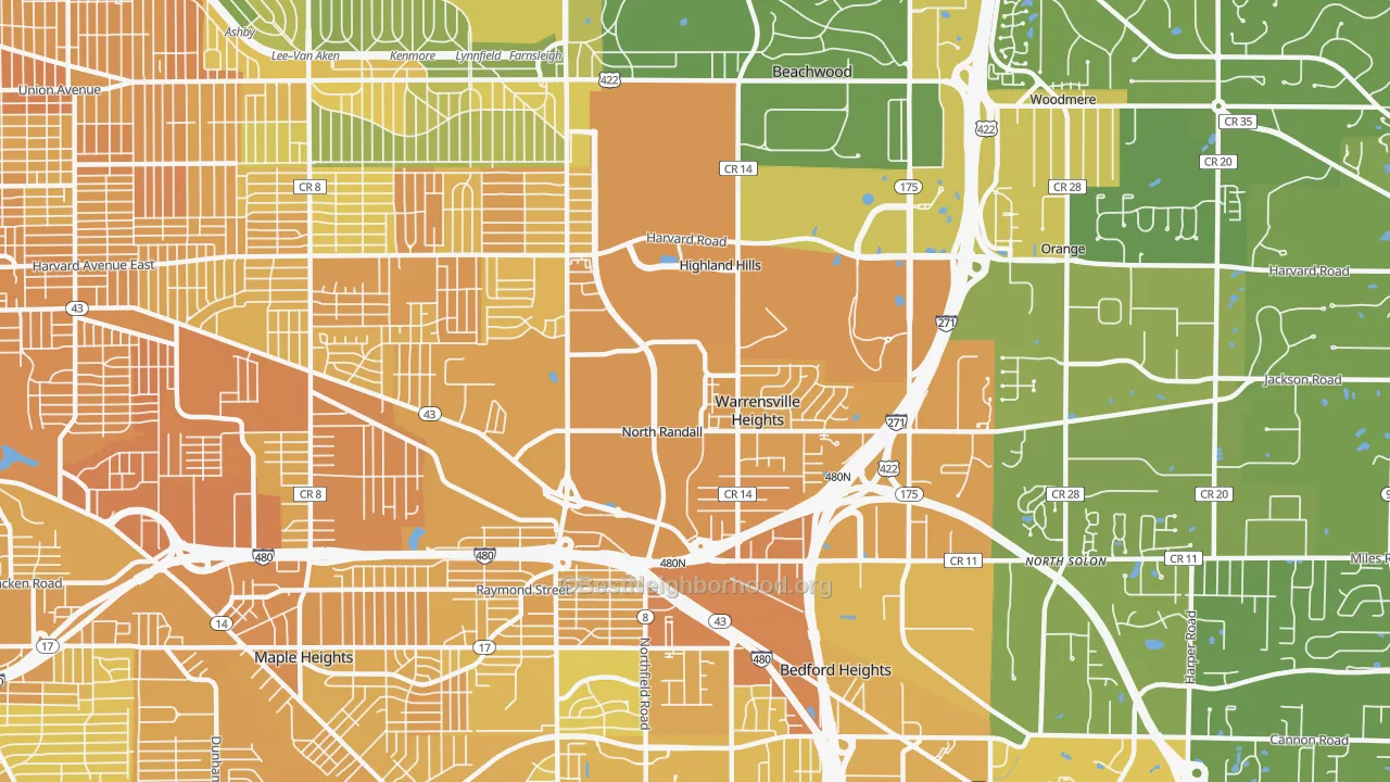 Map of the best neighborhoods in the Warrensville Heights area, with better matches in green and worse matches in red