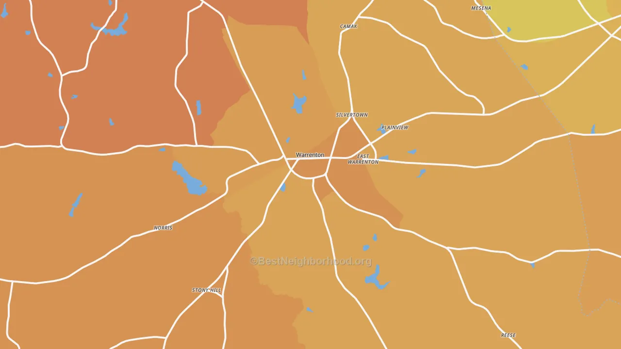 Map of the best neighborhoods in the Warrenton area, with better matches in green and worse matches in red