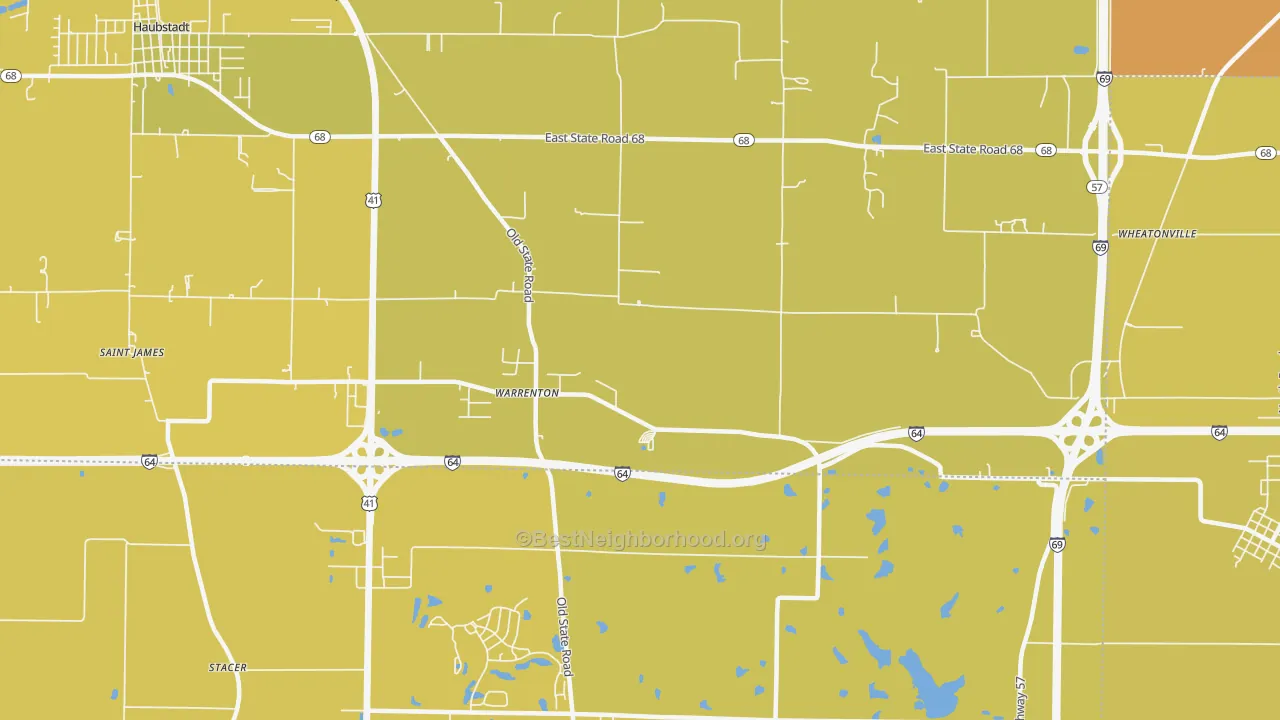 Map of the best neighborhoods in the Warrenton area, with better matches in green and worse matches in red