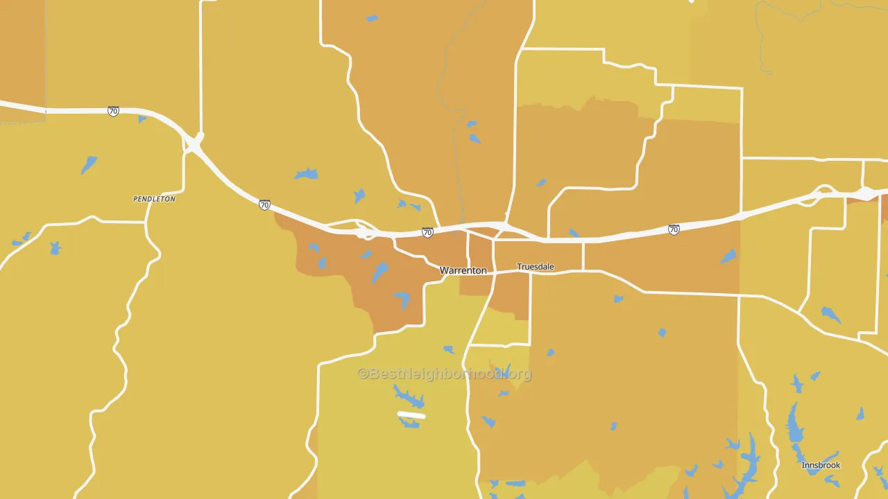 Map of the best neighborhoods in the Warrenton area, with better matches in green and worse matches in red