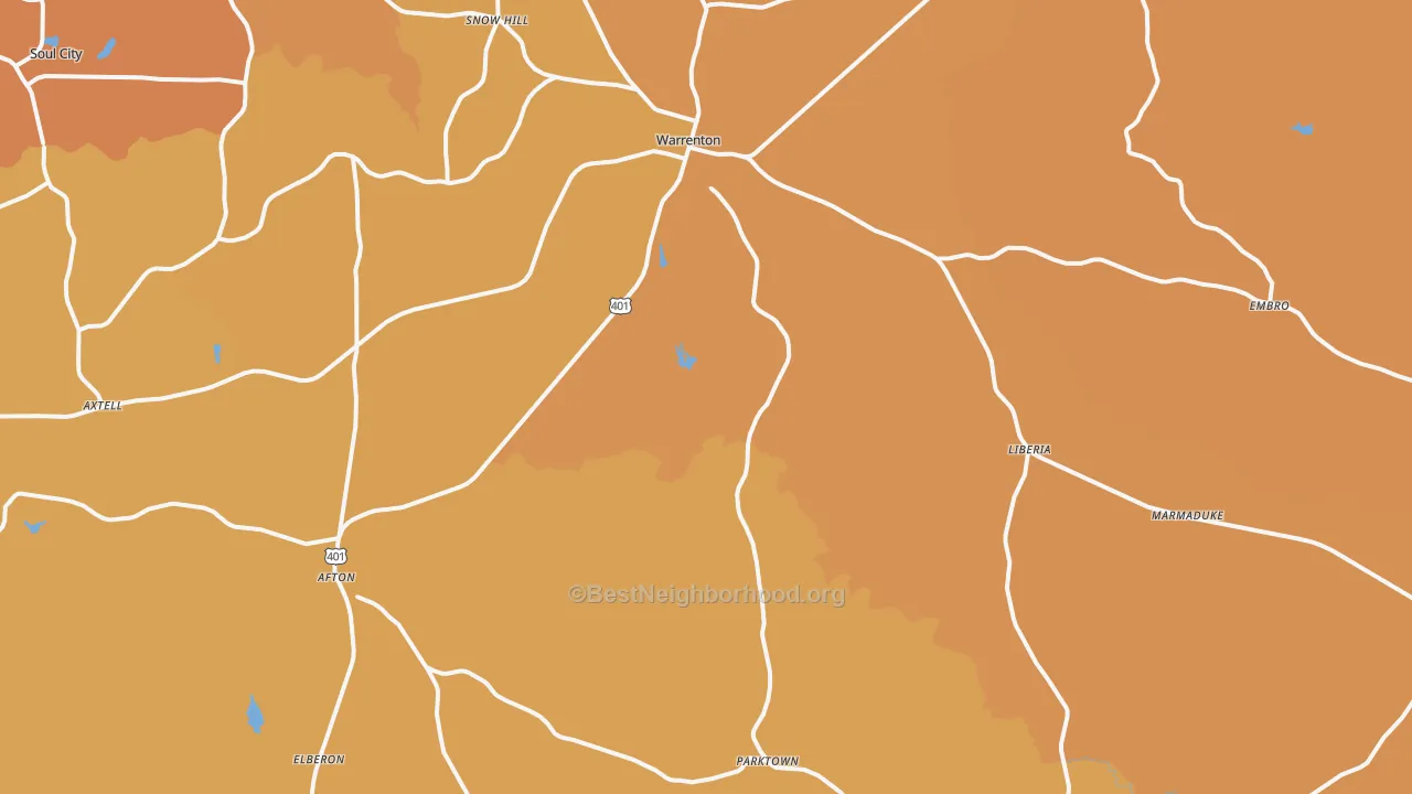 Map of the best neighborhoods in the Warrenton area, with better matches in green and worse matches in red