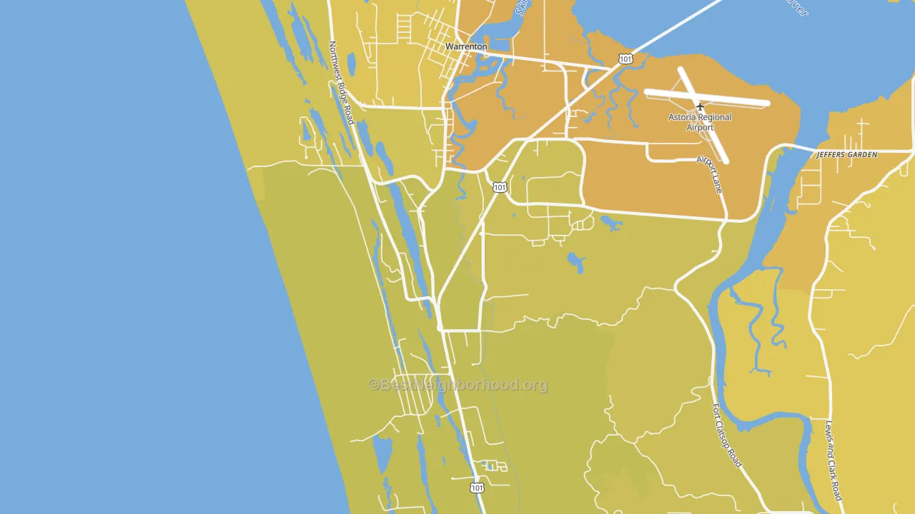 Map of the best neighborhoods in the Warrenton area, with better matches in green and worse matches in red