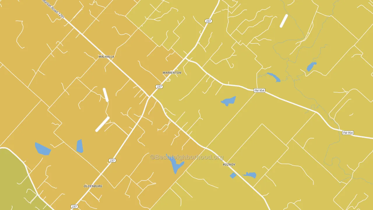 Map of the best neighborhoods in the Warrenton area, with better matches in green and worse matches in red