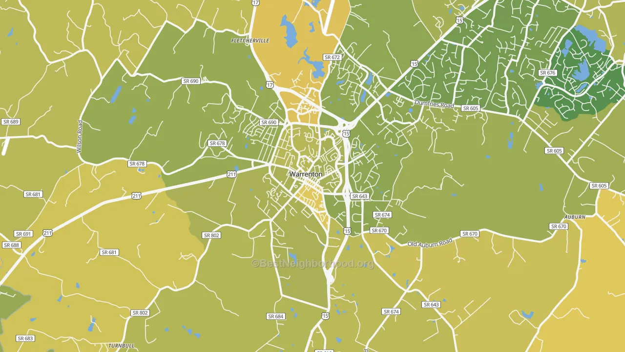 Map of the best neighborhoods in the Warrenton area, with better matches in green and worse matches in red