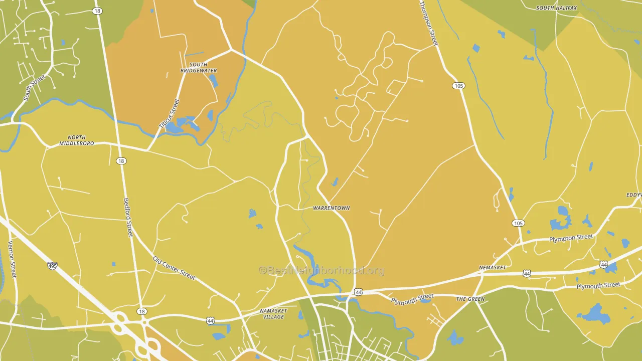 Map of the best neighborhoods in the Warrentown area, with better matches in green and worse matches in red