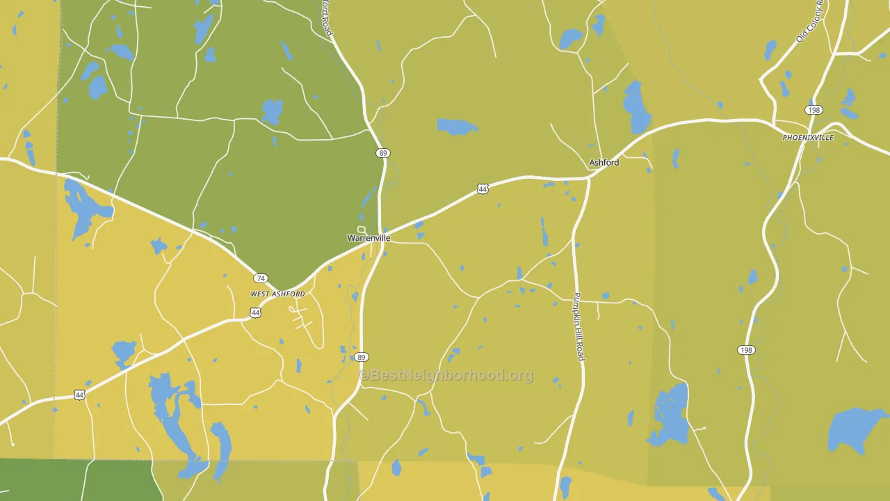Map of the best neighborhoods in the Warrenville area, with better matches in green and worse matches in red