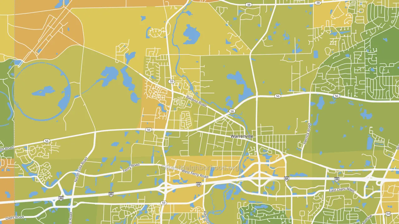 Map of the best neighborhoods in the Warrenville area, with better matches in green and worse matches in red
