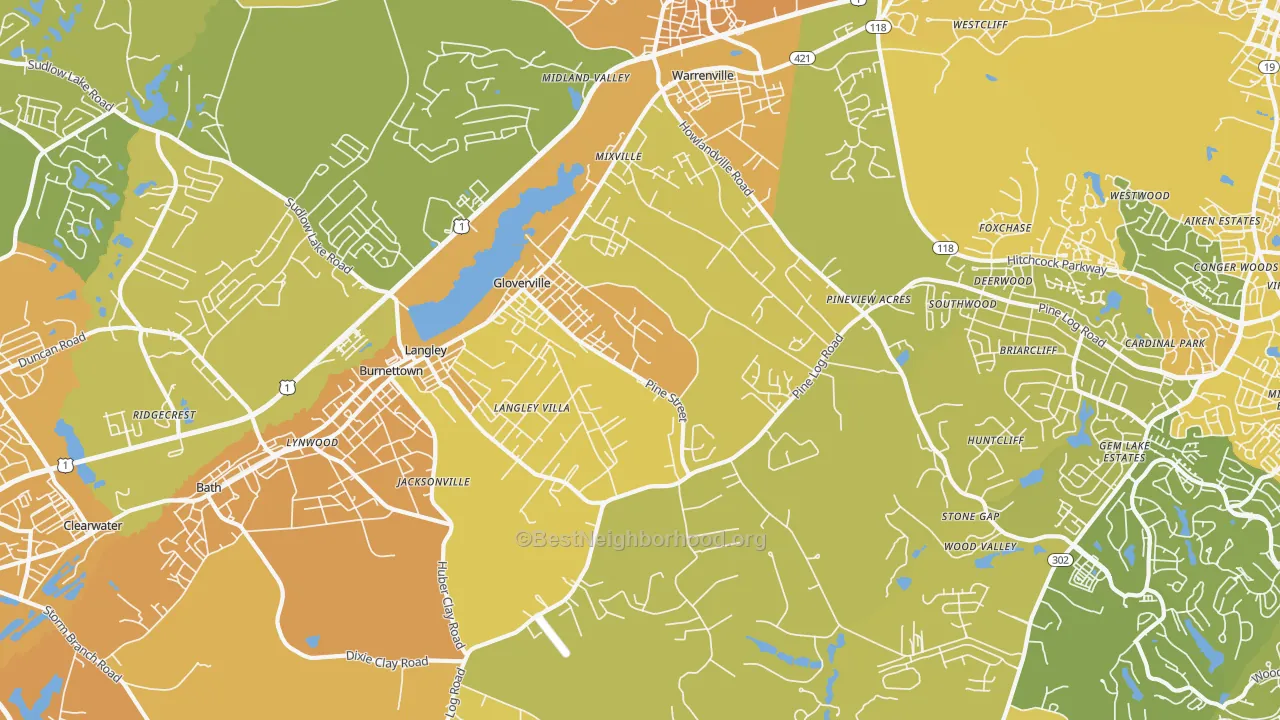 Map of the best neighborhoods in the Warrenville area, with better matches in green and worse matches in red