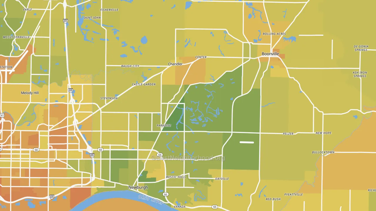 Map of the best neighborhoods in the Warrick County area, with better matches in green and worse matches in red