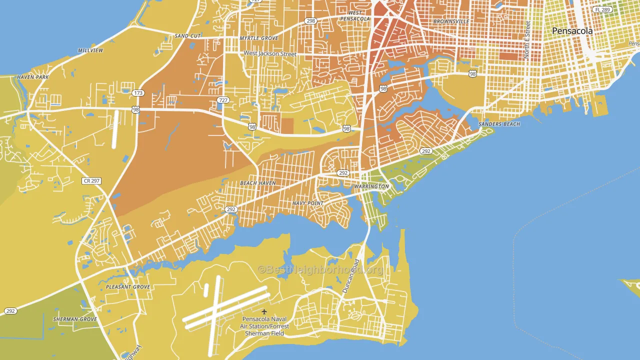 Map of the best neighborhoods in the Warrington area, with better matches in green and worse matches in red