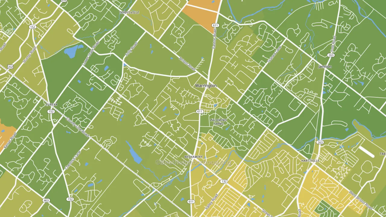 Map of the best neighborhoods in the Warrington area, with better matches in green and worse matches in red