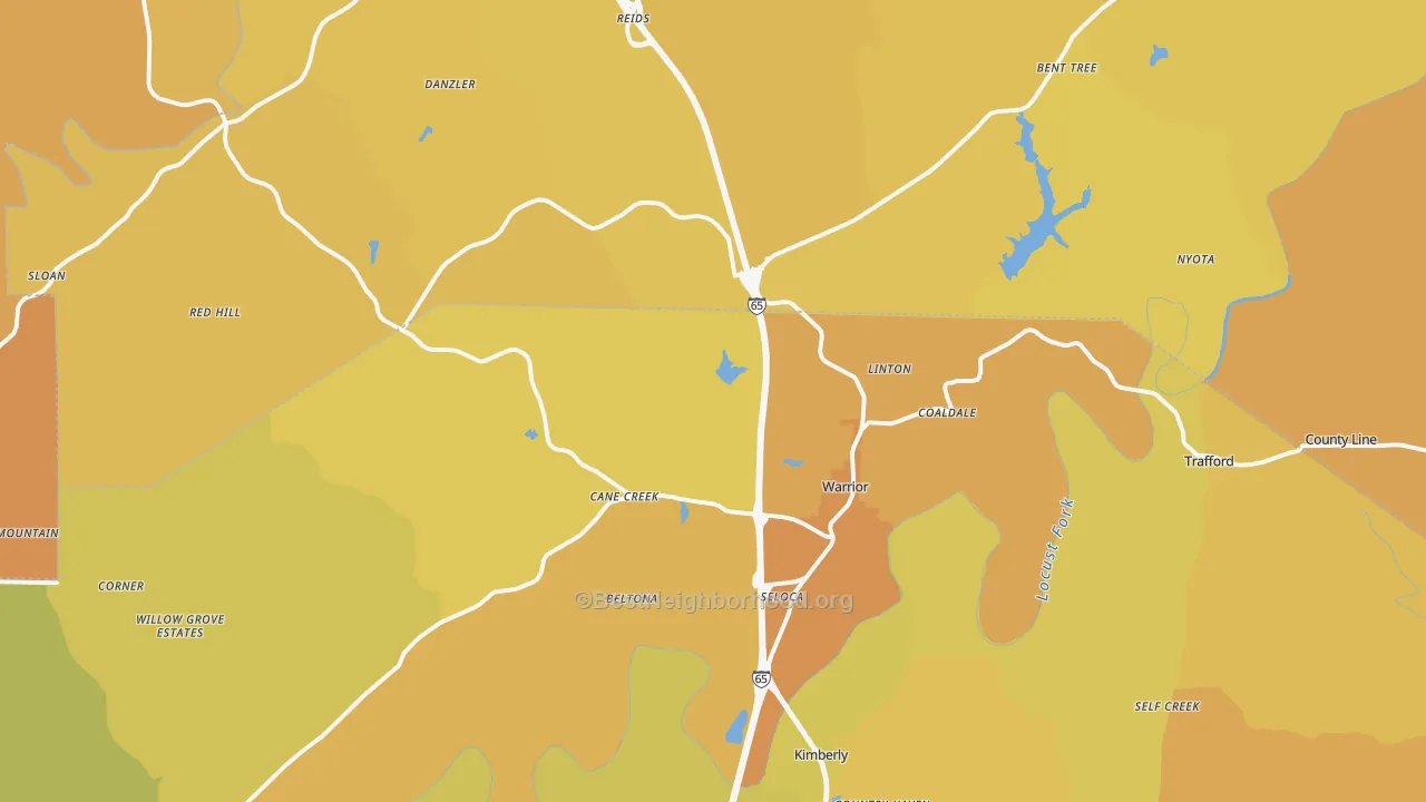 Map of the best neighborhoods in the Warrior area, with better matches in green and worse matches in red