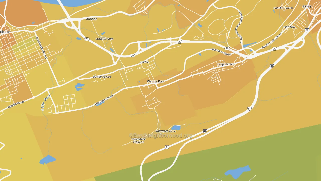 Map of the best neighborhoods in the Warrior Run area, with better matches in green and worse matches in red