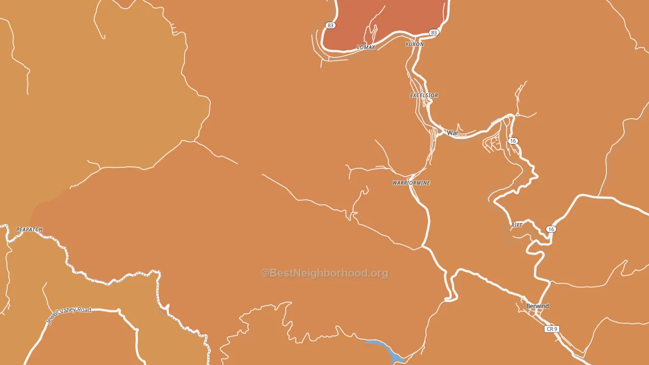 Map of the best neighborhoods in the Warriormine area, with better matches in green and worse matches in red