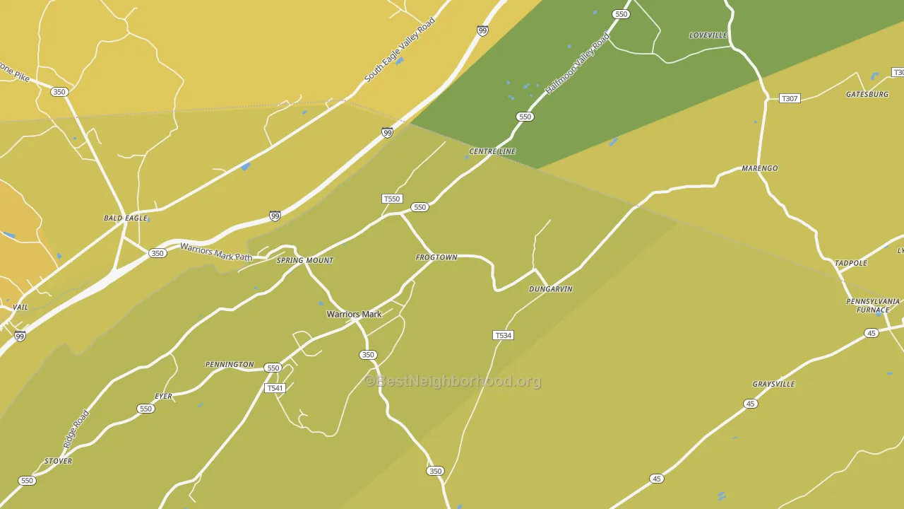 Map of the best neighborhoods in the Warriors Mark area, with better matches in green and worse matches in red