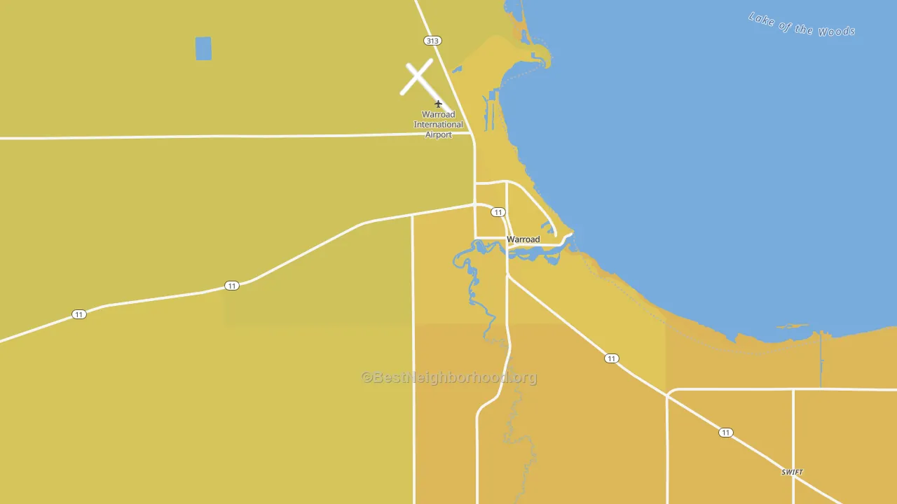 Map of the best neighborhoods in the Warroad area, with better matches in green and worse matches in red