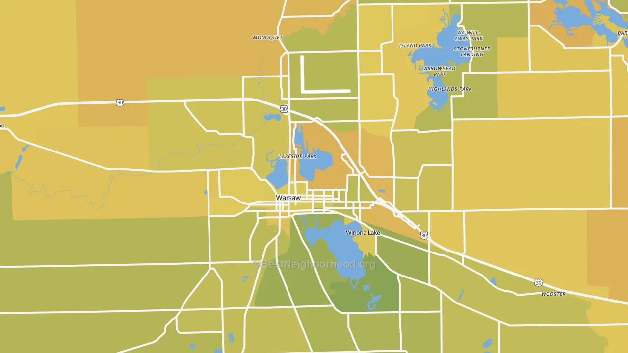 Map of the best neighborhoods in the Warsaw area, with better matches in green and worse matches in red