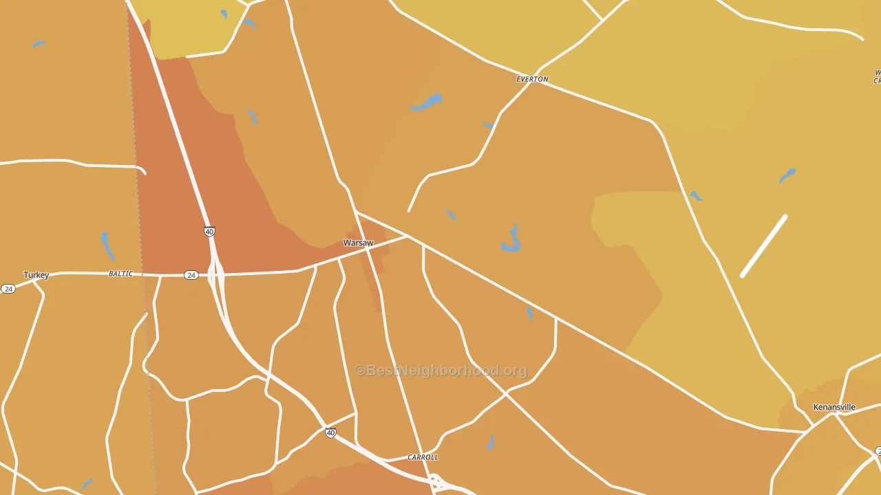 Map of the best neighborhoods in the Warsaw area, with better matches in green and worse matches in red