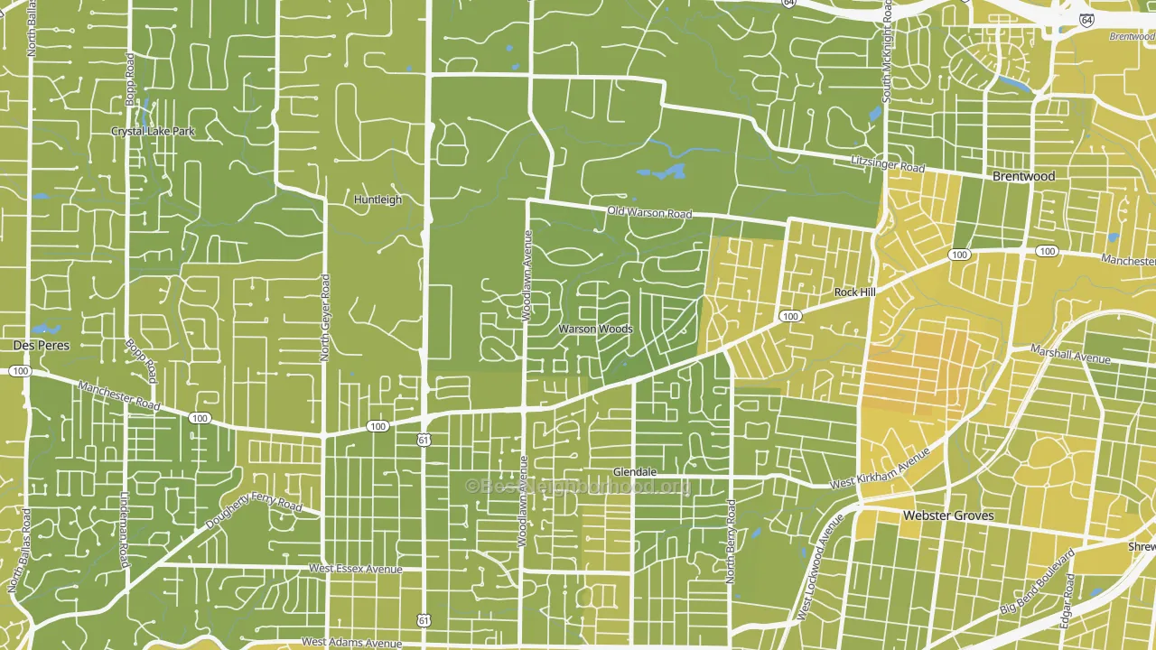 Map of the best neighborhoods in the Warson Woods area, with better matches in green and worse matches in red