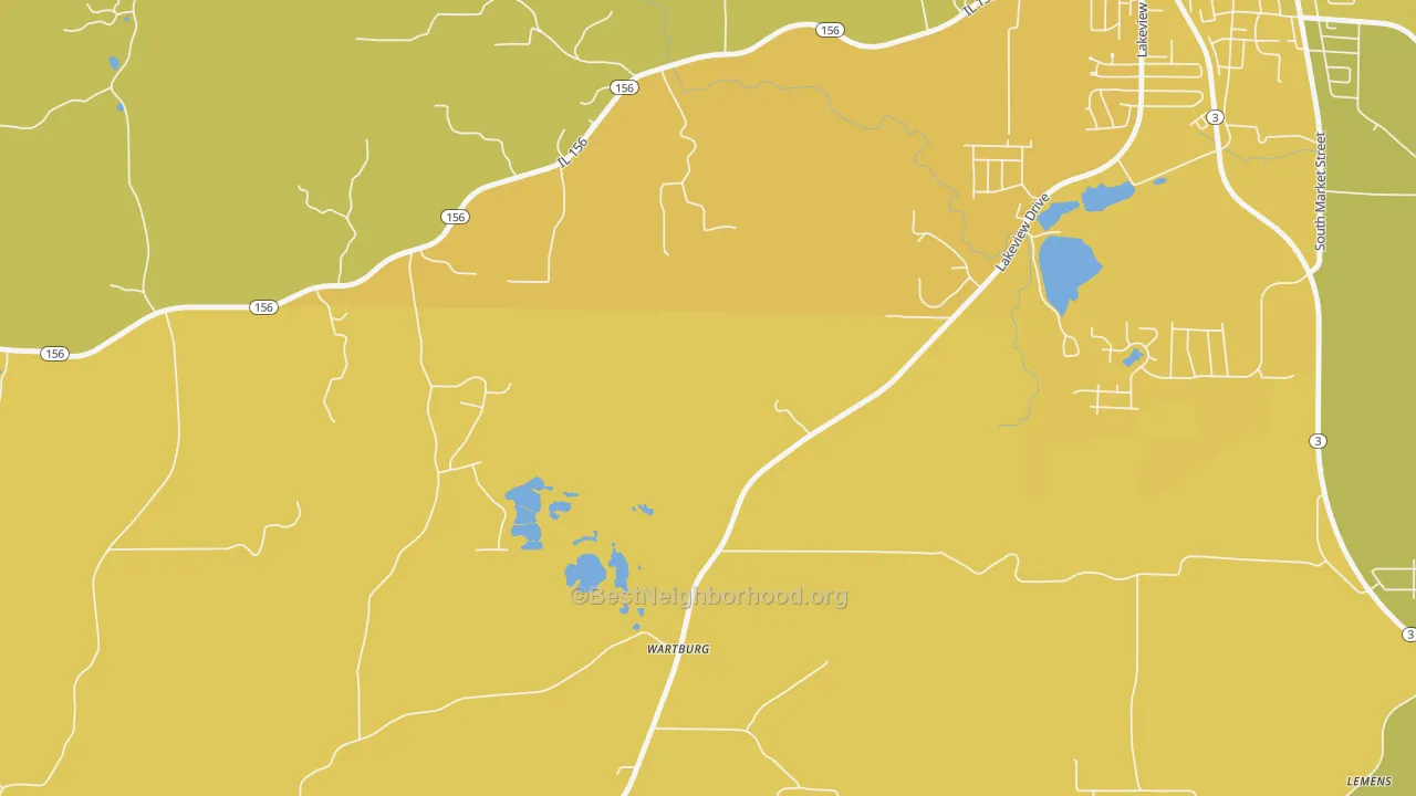 Map of the best neighborhoods in the Wartburg area, with better matches in green and worse matches in red