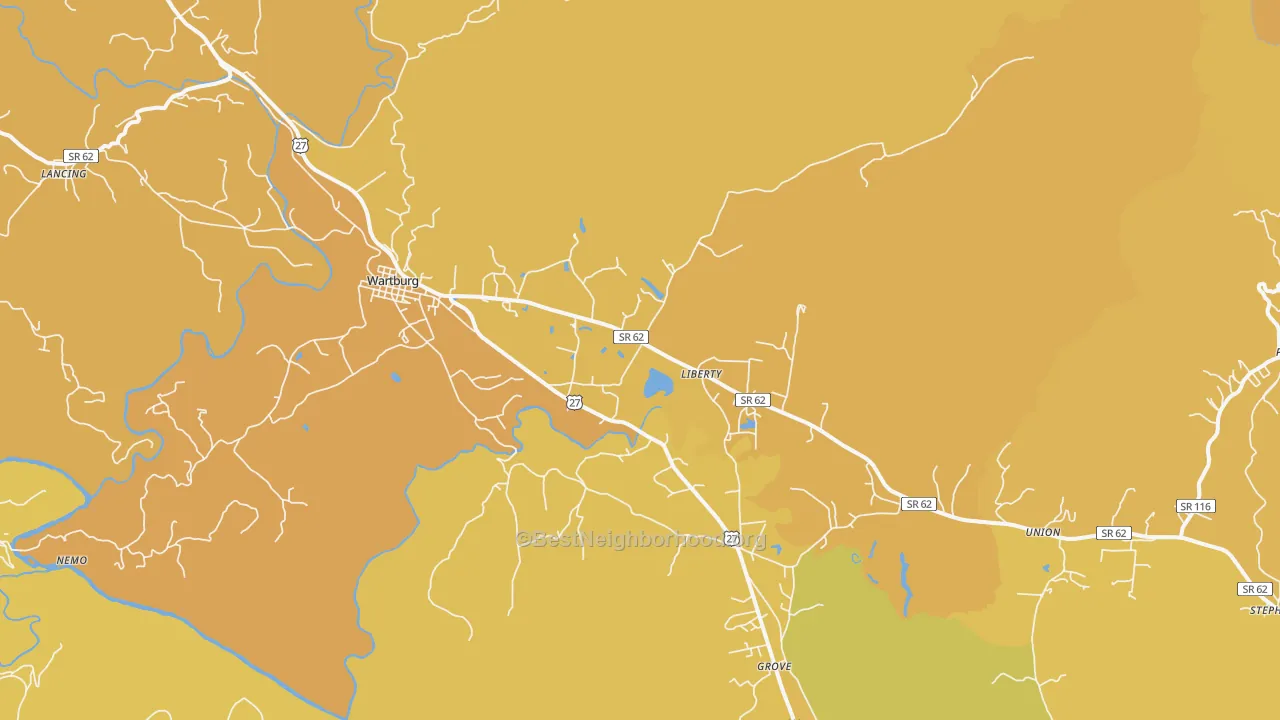 Map of the best neighborhoods in the Wartburg area, with better matches in green and worse matches in red