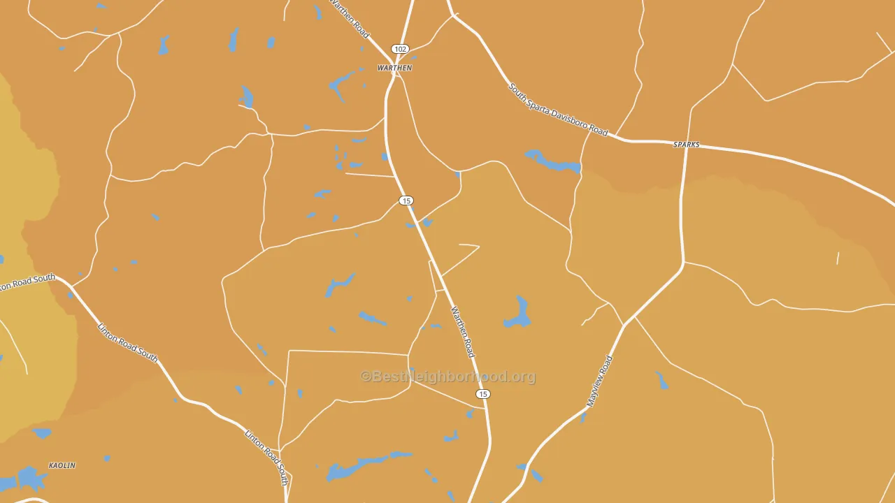 Map of the best neighborhoods in the Warthen area, with better matches in green and worse matches in red