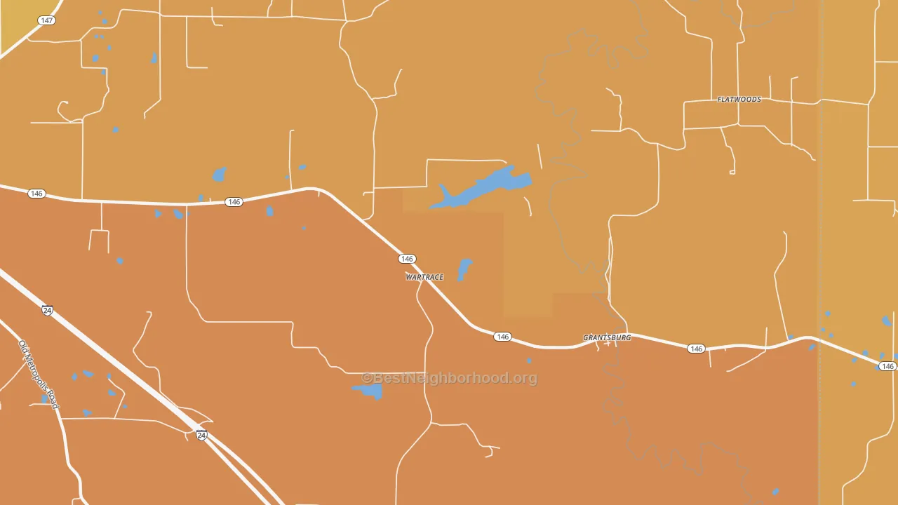 Map of the best neighborhoods in the Wartrace area, with better matches in green and worse matches in red