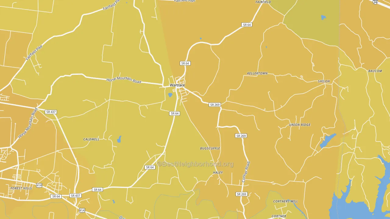 Map of the best neighborhoods in the Wartrace area, with better matches in green and worse matches in red