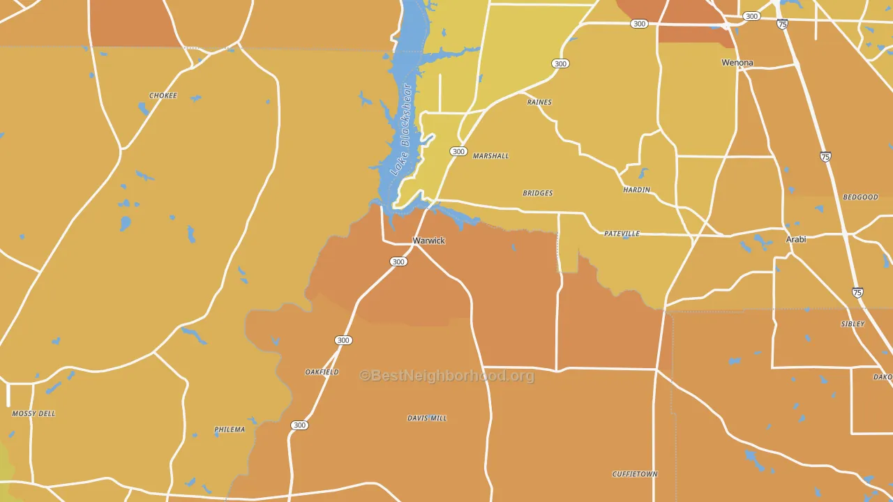 Map of the best neighborhoods in the Warwick area, with better matches in green and worse matches in red