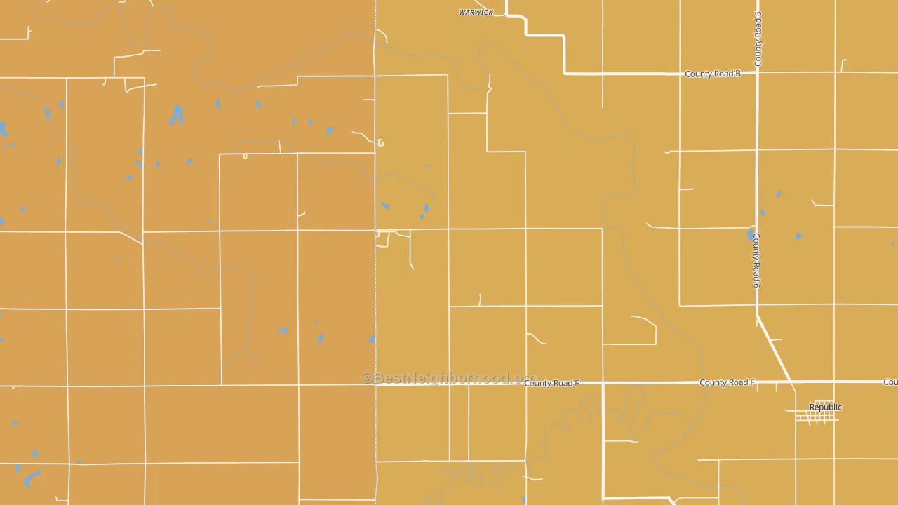 Map of the best neighborhoods in the Warwick area, with better matches in green and worse matches in red